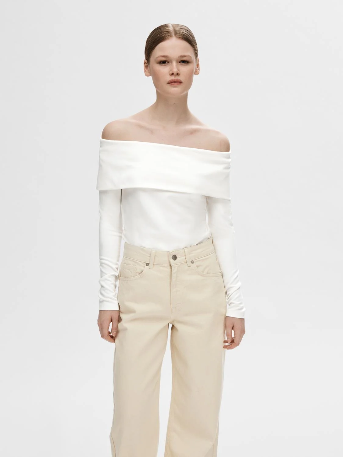 Selected Femme naisten paita,SLFEFFIE LS OFF-SHOULDER TOP Luonnonvalkoinen