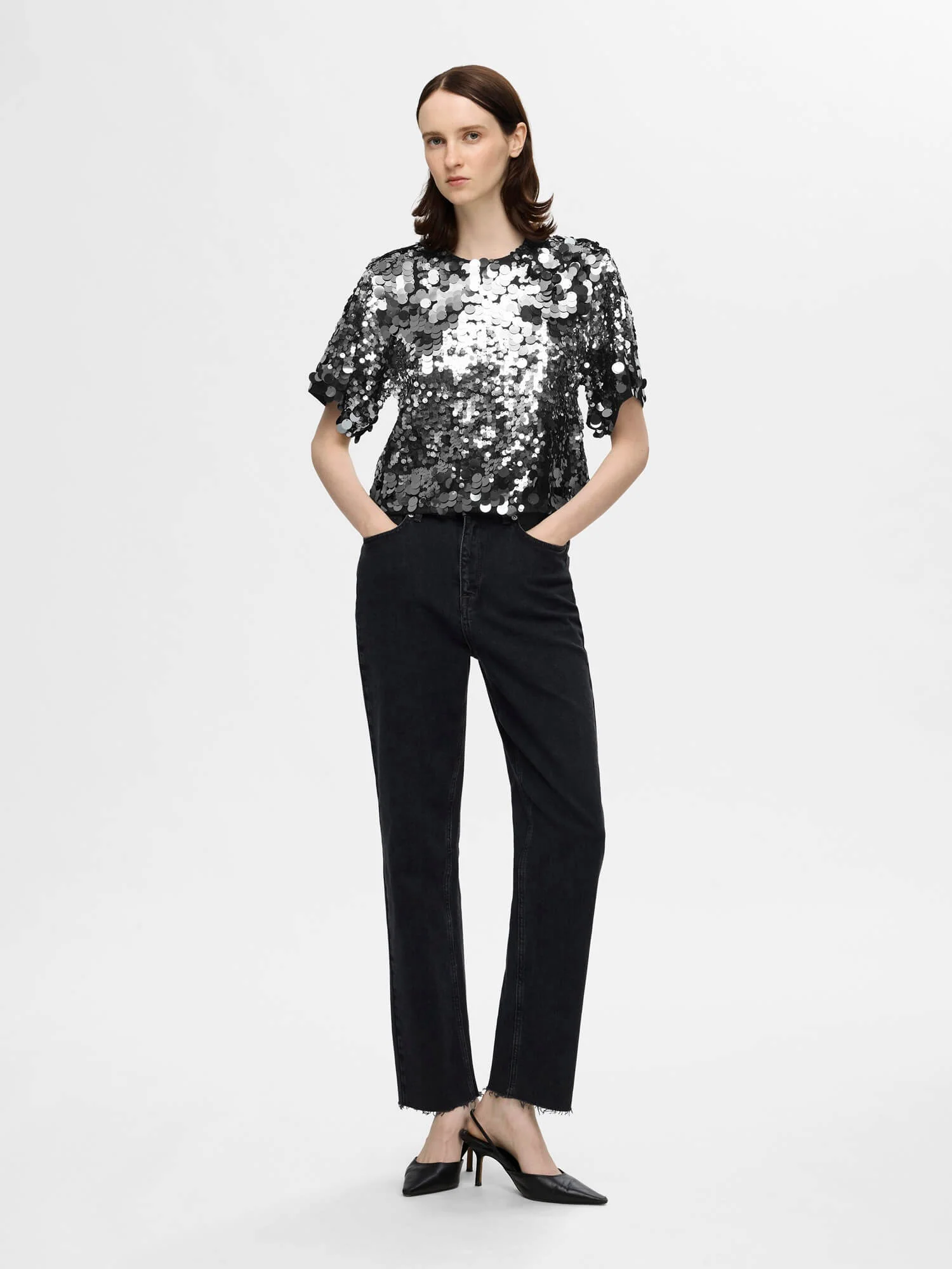 Selected Femme Naisten Pusero, SLFTANA 3/4 SEQUINS TOP Hopeanharmaa - Image 2