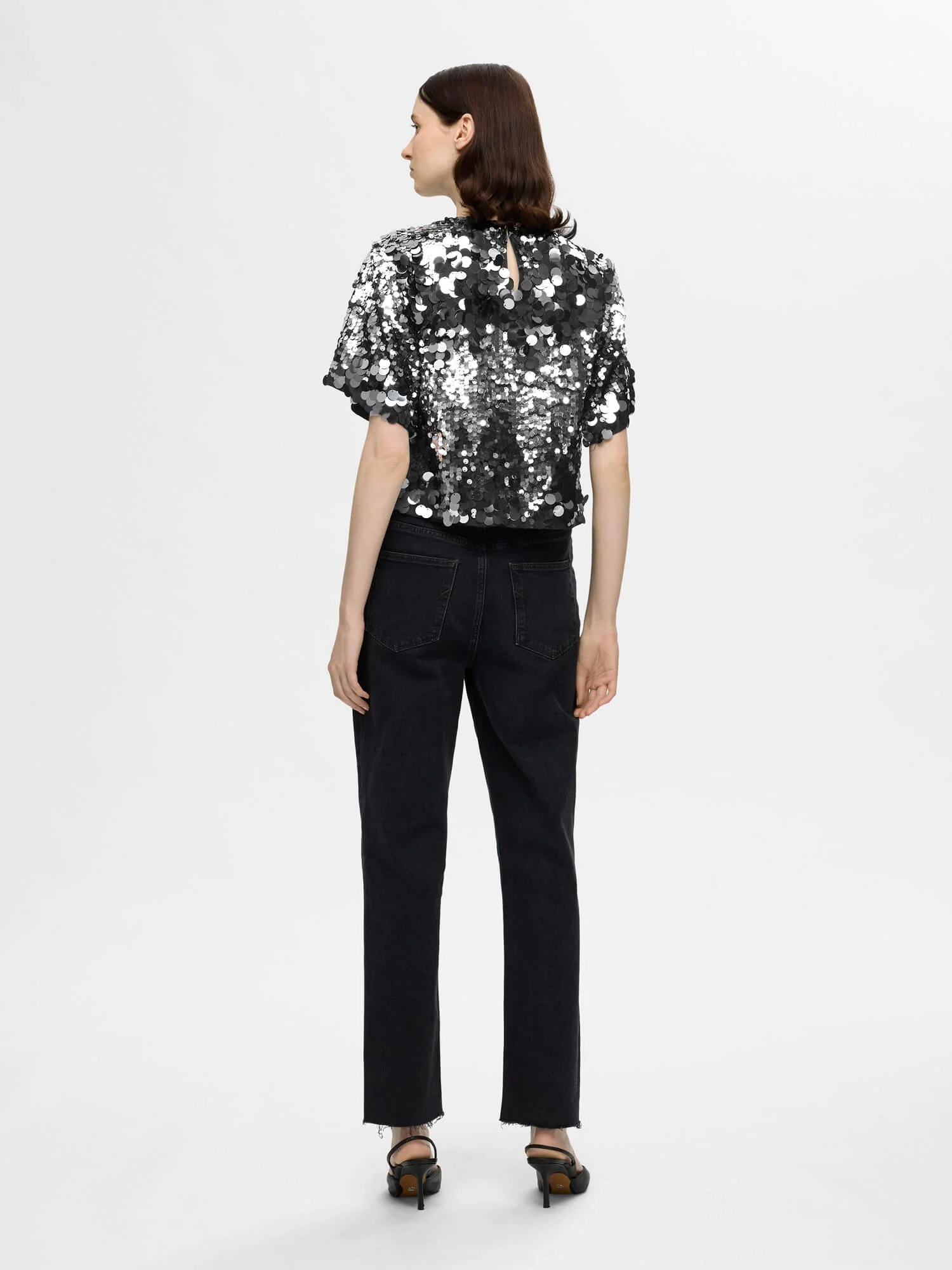Selected Femme Naisten Pusero, SLFTANA 3/4 SEQUINS TOP Hopeanharmaa - Image 3