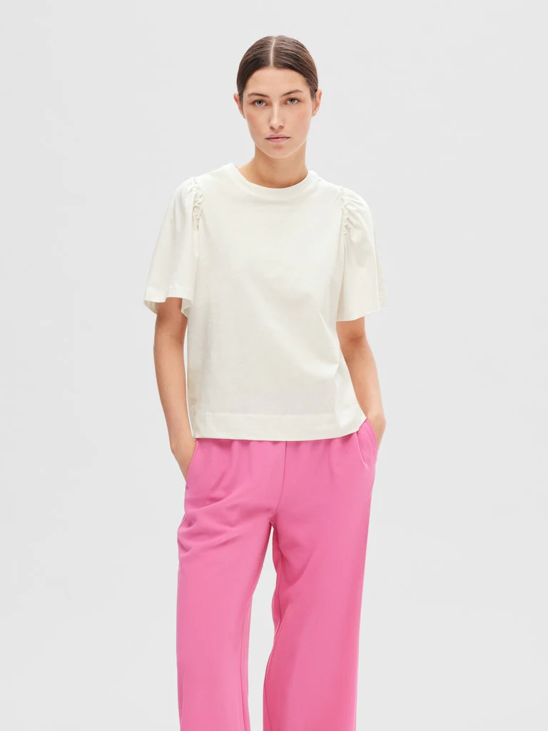Selected Femme Naisten T-Paita, SLFPENELOPE 2/4 RUFFLE TEE Snow White - Image 2
