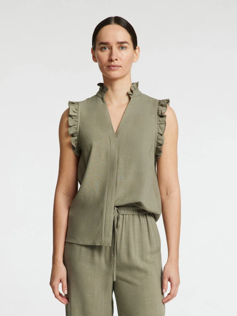 Selected Femme naisten toppi, SLFVIVA SL RUFFLE TOP Khaki