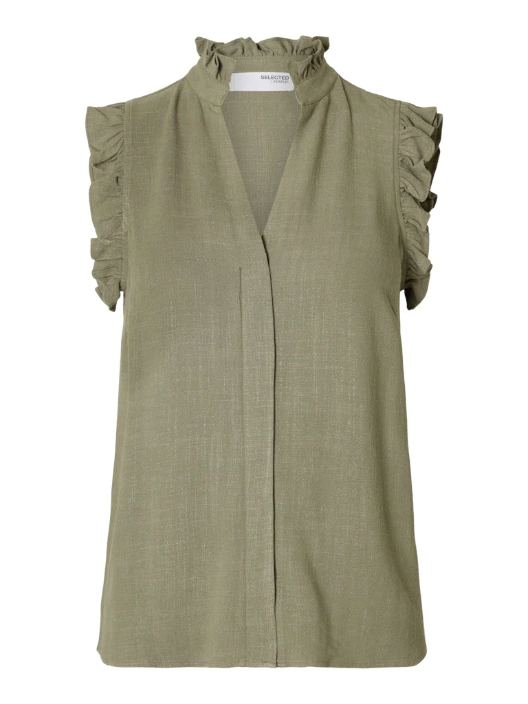 Selected Femme naisten toppi, SLFVIVA SL RUFFLE TOP Khaki - Image 2