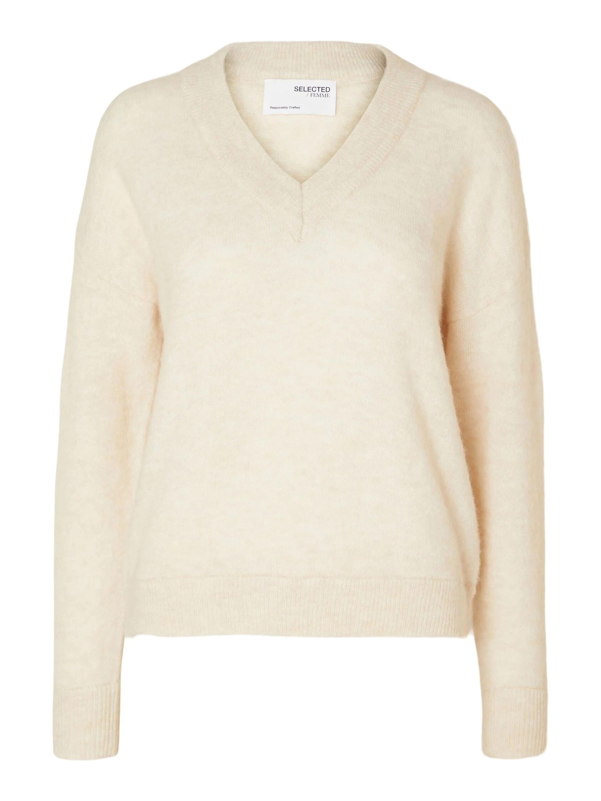 Selected Femme neule, SLFMALINE LS KNIT V-NECK  Luonnonvalkoinen - Image 3