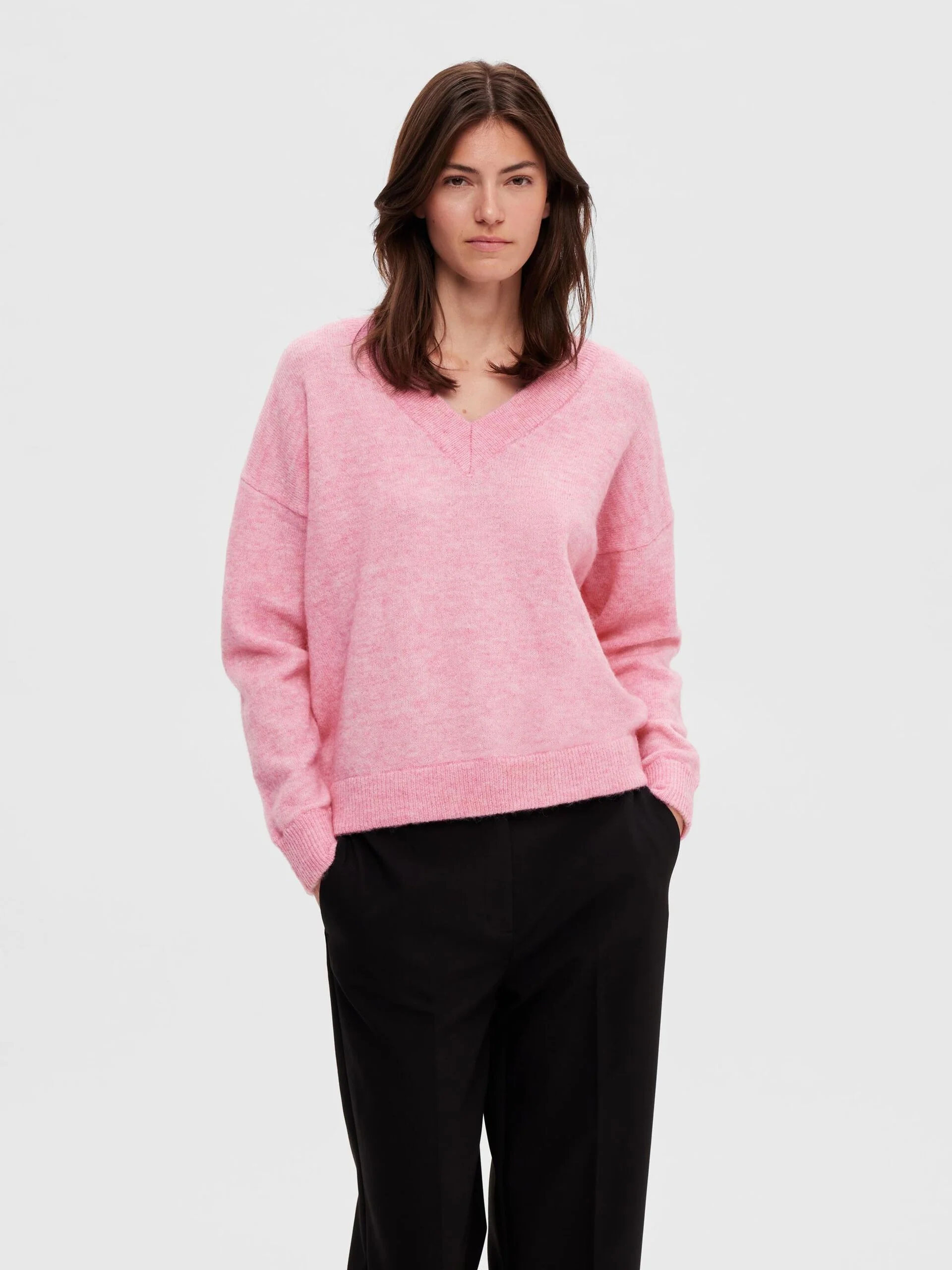 Selected Femme neule, SLFMALINE LS KNIT V-NECK Vaaleanpunainen