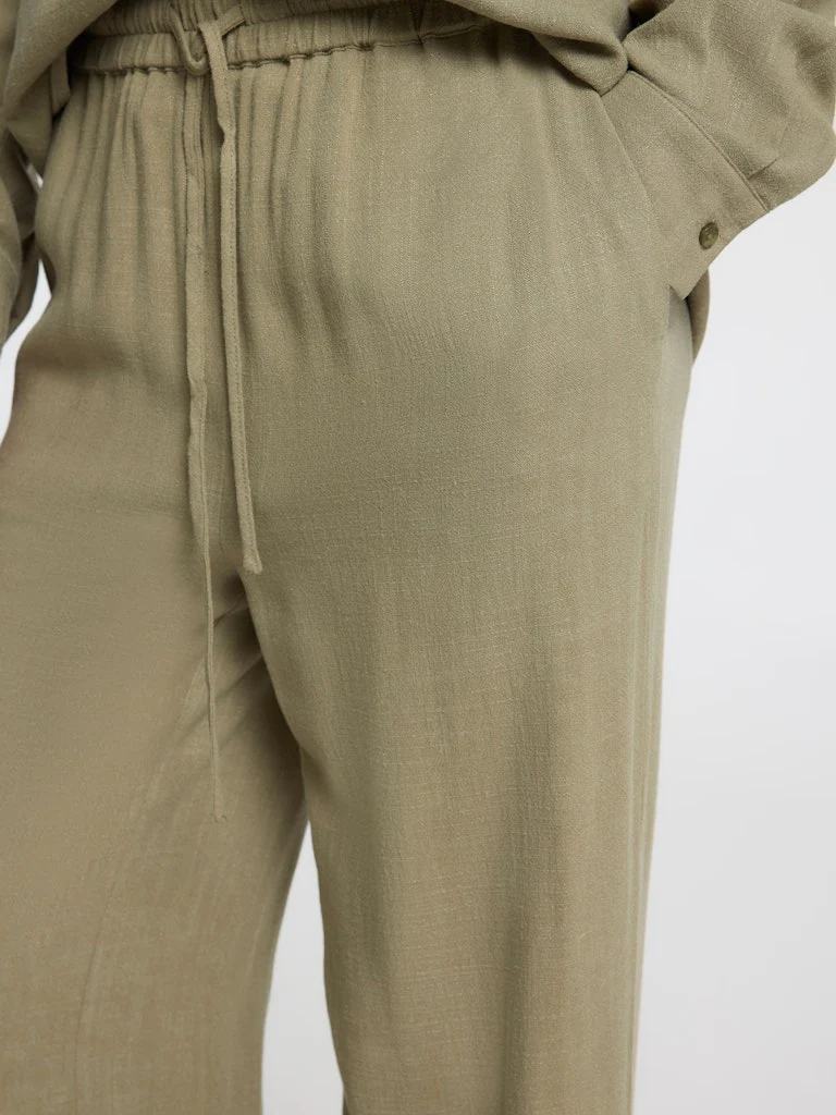Selected Femme pellavahousut, SLFVIVA-GULIA MW LONG LINEN PANT NOOS Khaki - Image 3