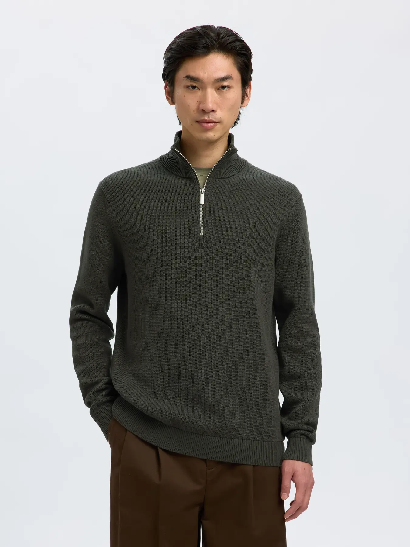 Selected Miesten Neulepusero, DANE LS KNIT STRUCTURE HALF ZIP Deep Forest - Image 2
