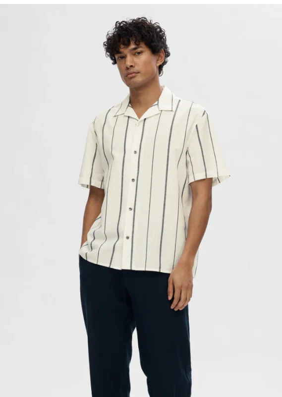 Selected miesten paita New Linen Shirt Resort, raidallinen sininen