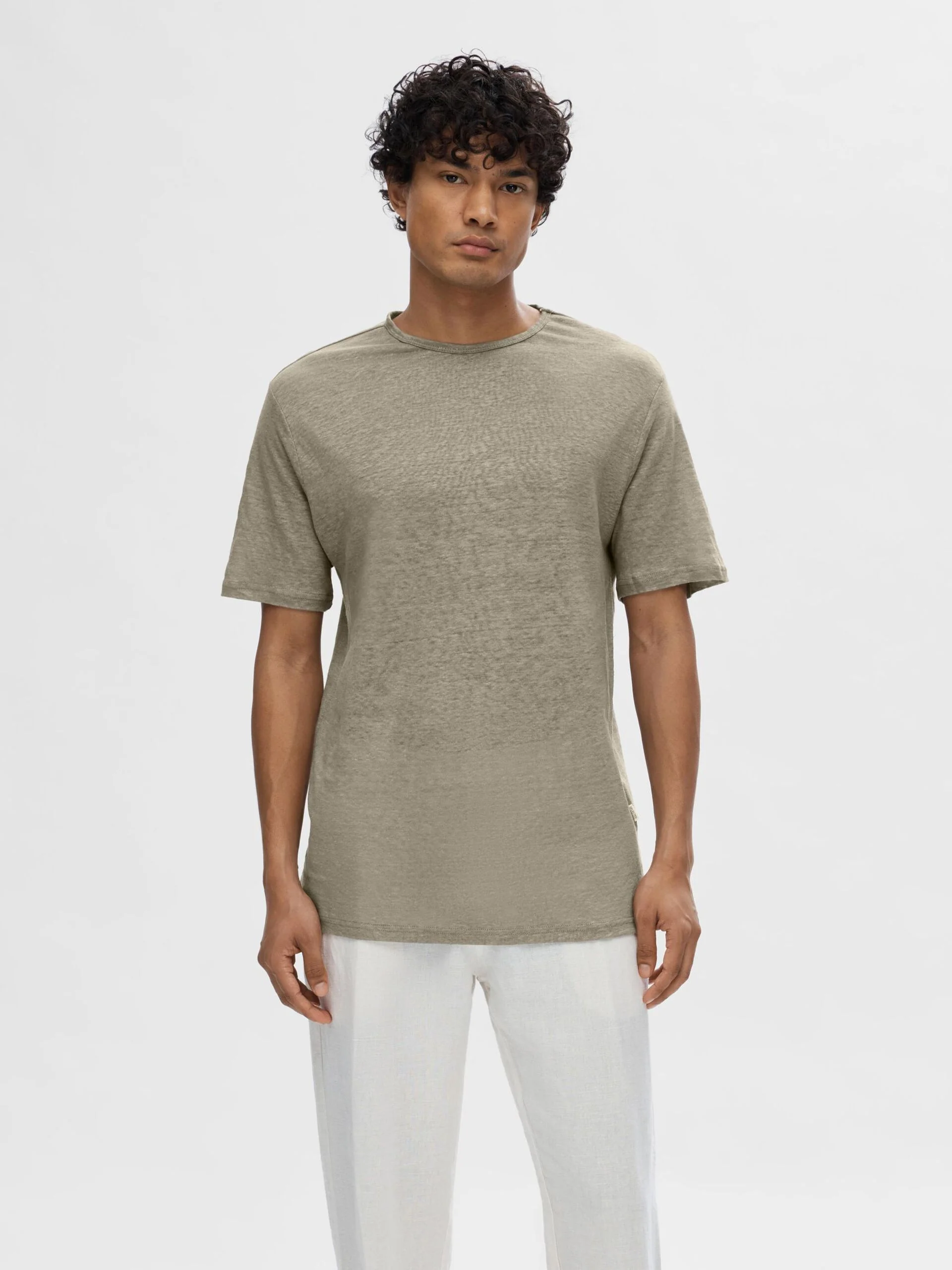 Selected Miesten T-Paita, BET LINEN SS O-NECK Armeijanvihreä