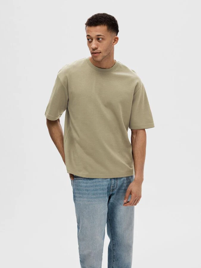Selected miesten t-paita, LOOSE OSCAR SS O-NECK Armeijanvihreä