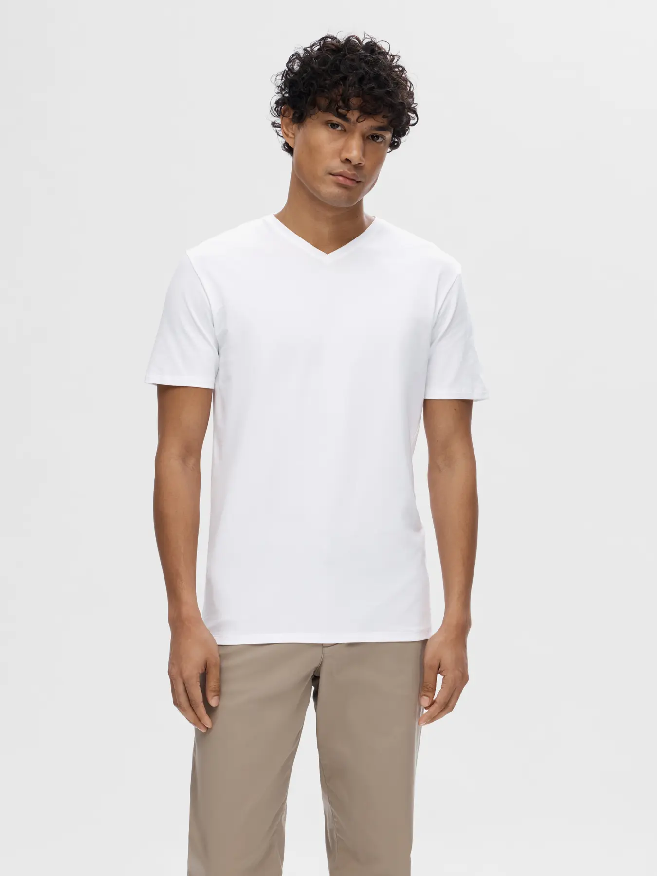 Selected Miesten T-paita, Pima Ss V-neck Bright White