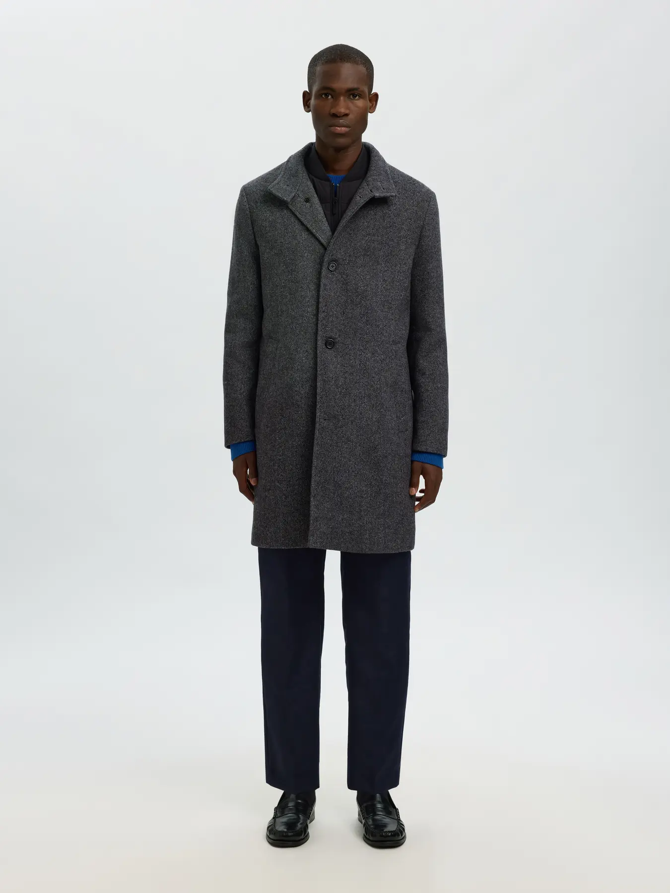 Selected miesten villakangastakki SLHRAINAR Wool Blend Coat, tummaharmaa kuosillinen
