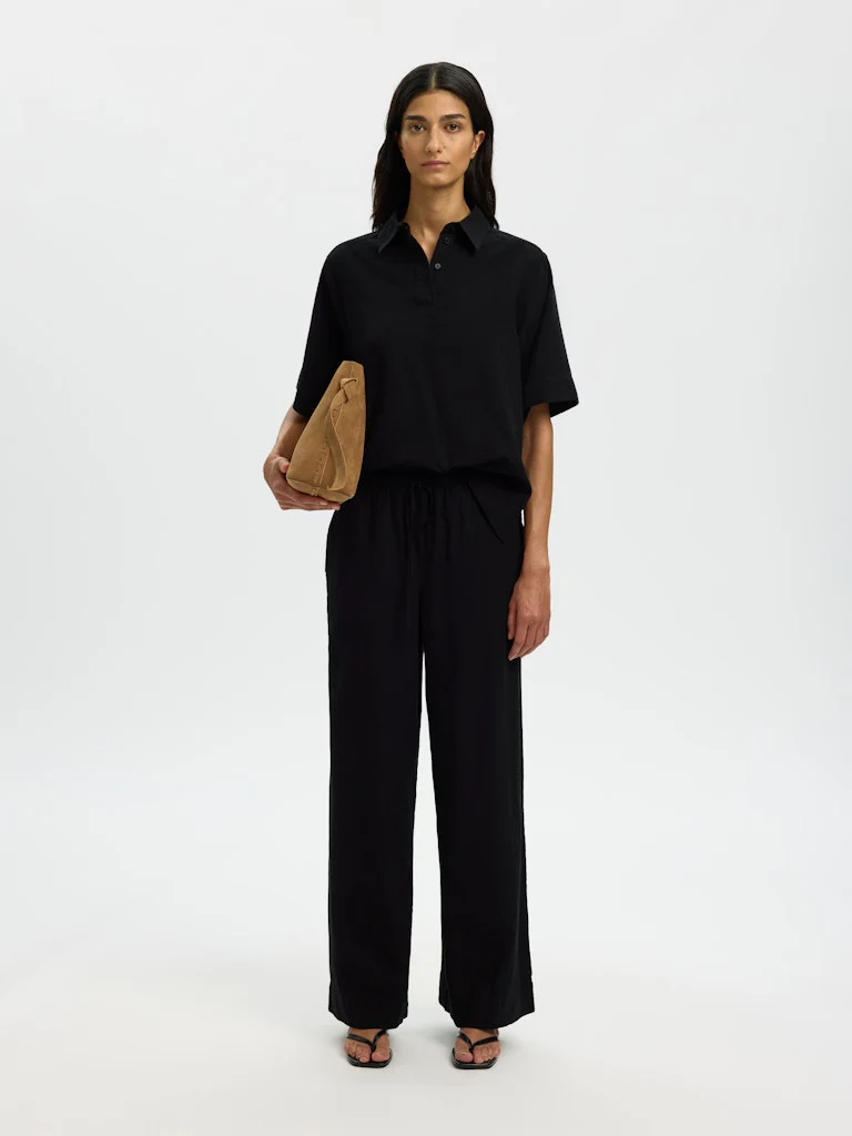 Selected Femme naisten housut SLFLuisa MW Wide Linen Blend Pant, musta - Image 3