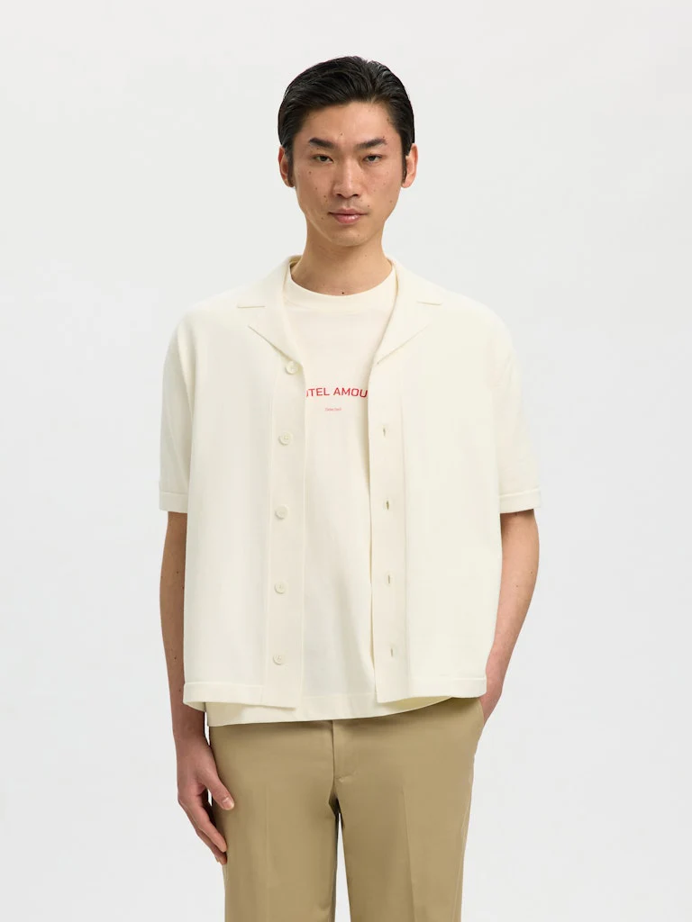 Selected miesten kauluspaita SLHAmour Intarsia Relaxed Polo Cardigan, Egret Artwork