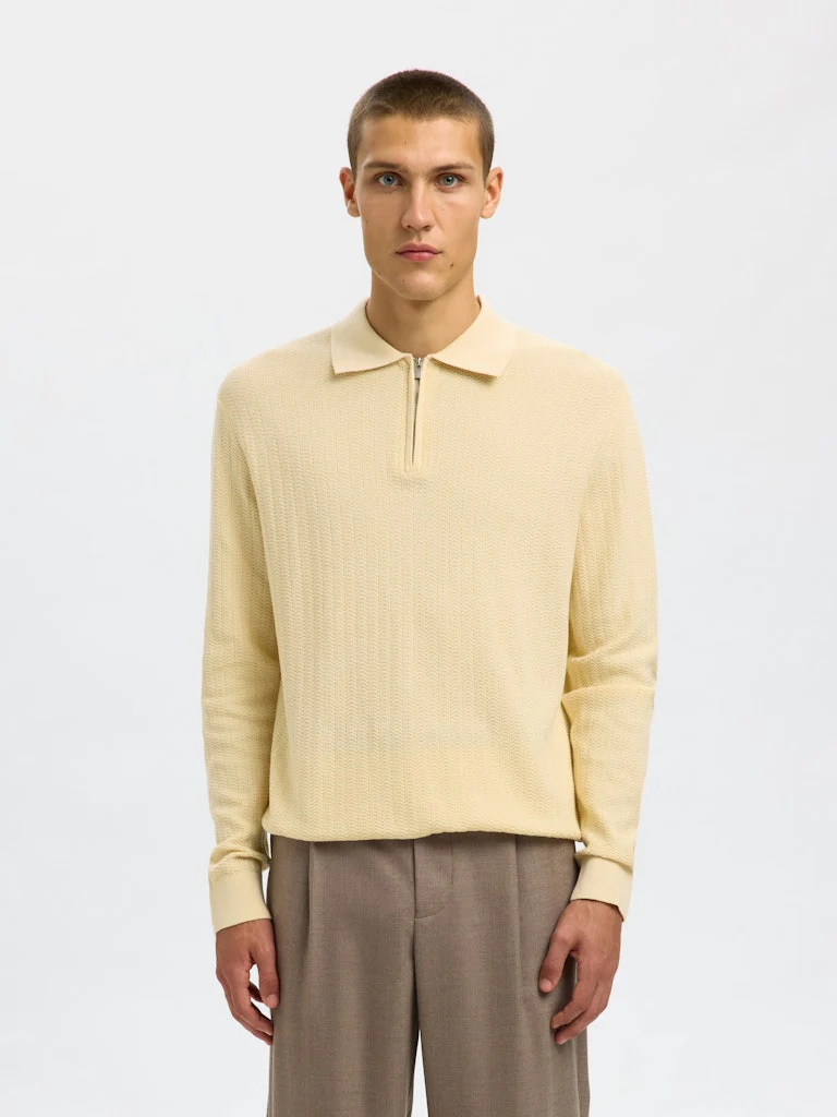 Selected miesten neulepusero SLHCRAN LS Knit Structure Half Zip Polo, Angora