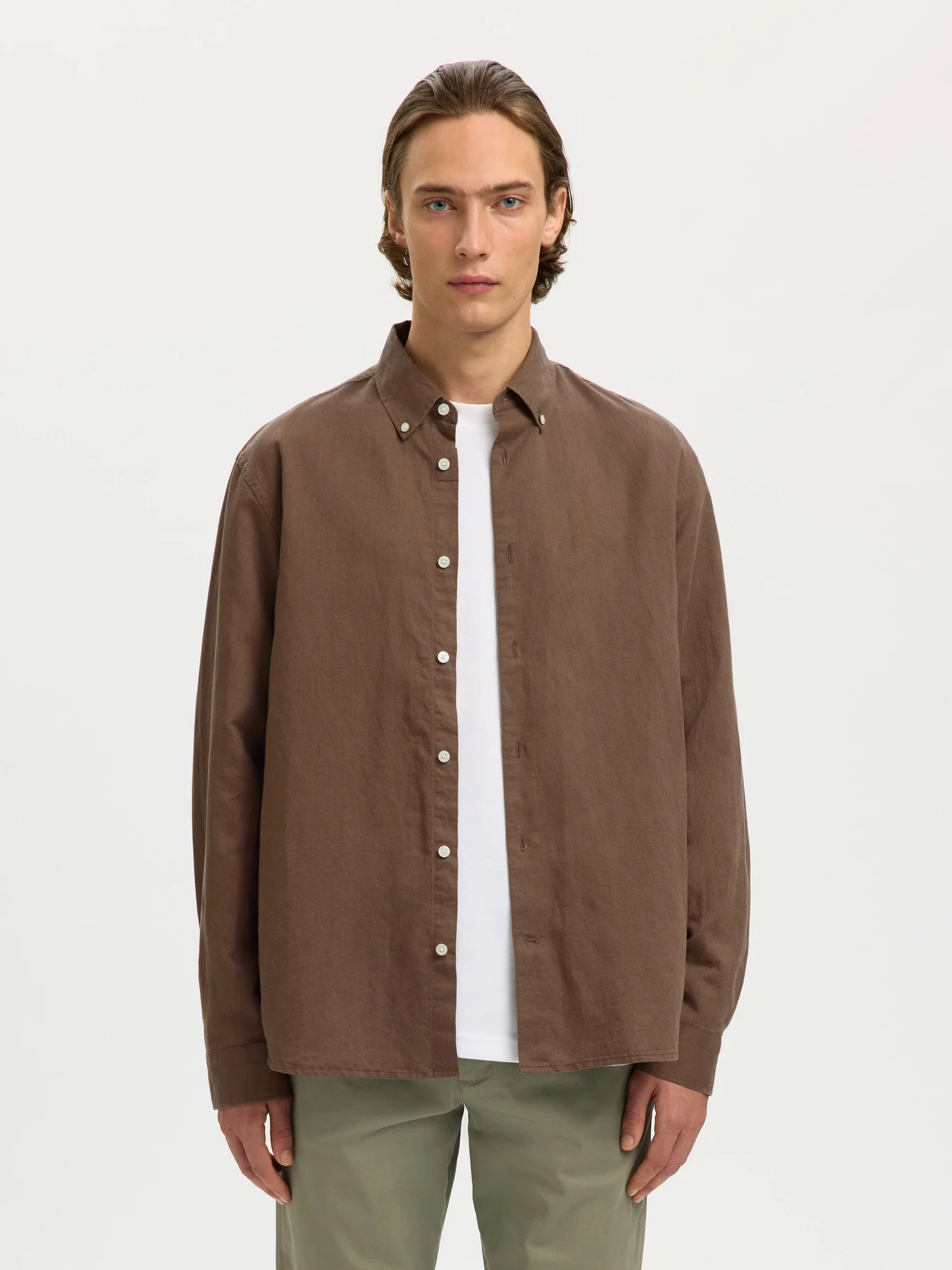 Selected miesten kauluspaita SLHREGCLAY Linenblend LS Shirt, Chocolate Chip