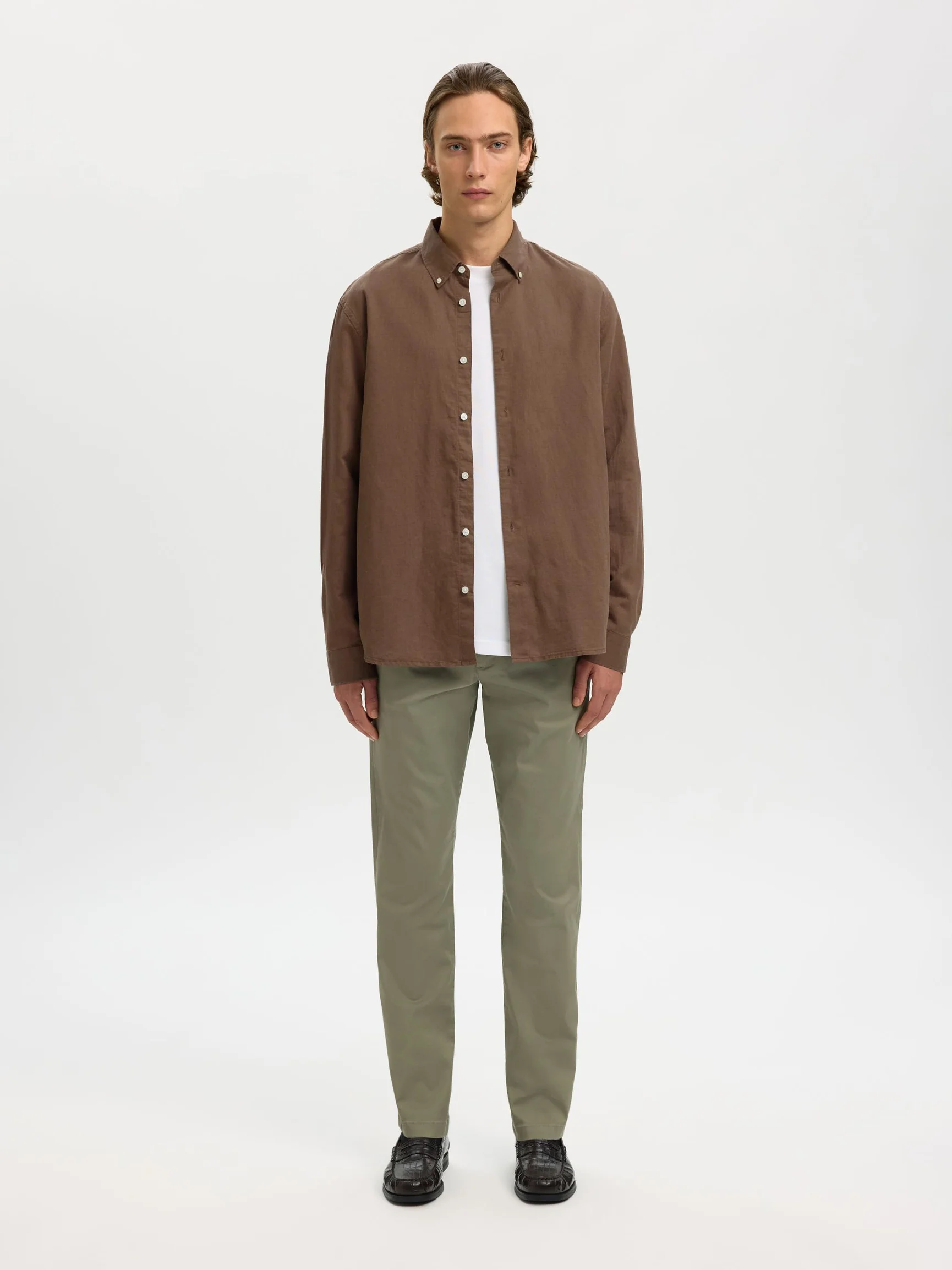 Selected miesten kauluspaita SLHREGCLAY Linenblend LS Shirt, Chocolate Chip - Image 4