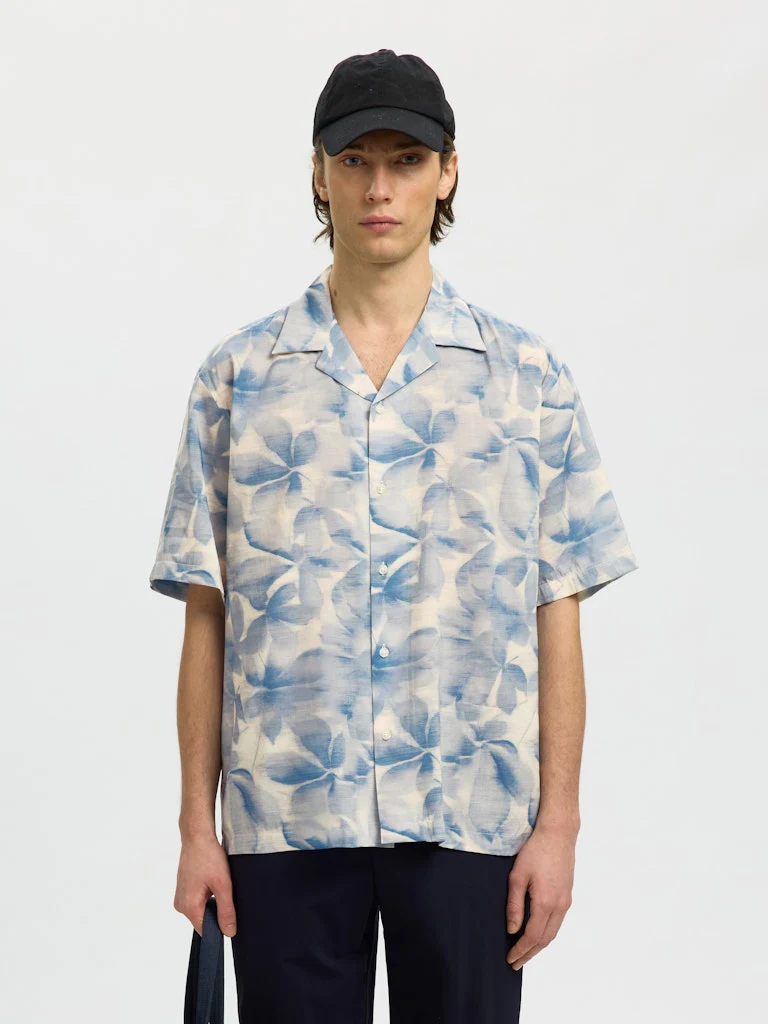 Selected miesten kauluspaita SLHRLXAir Mix Print SS Shirt, Blue Mirage Leaves - Image 4