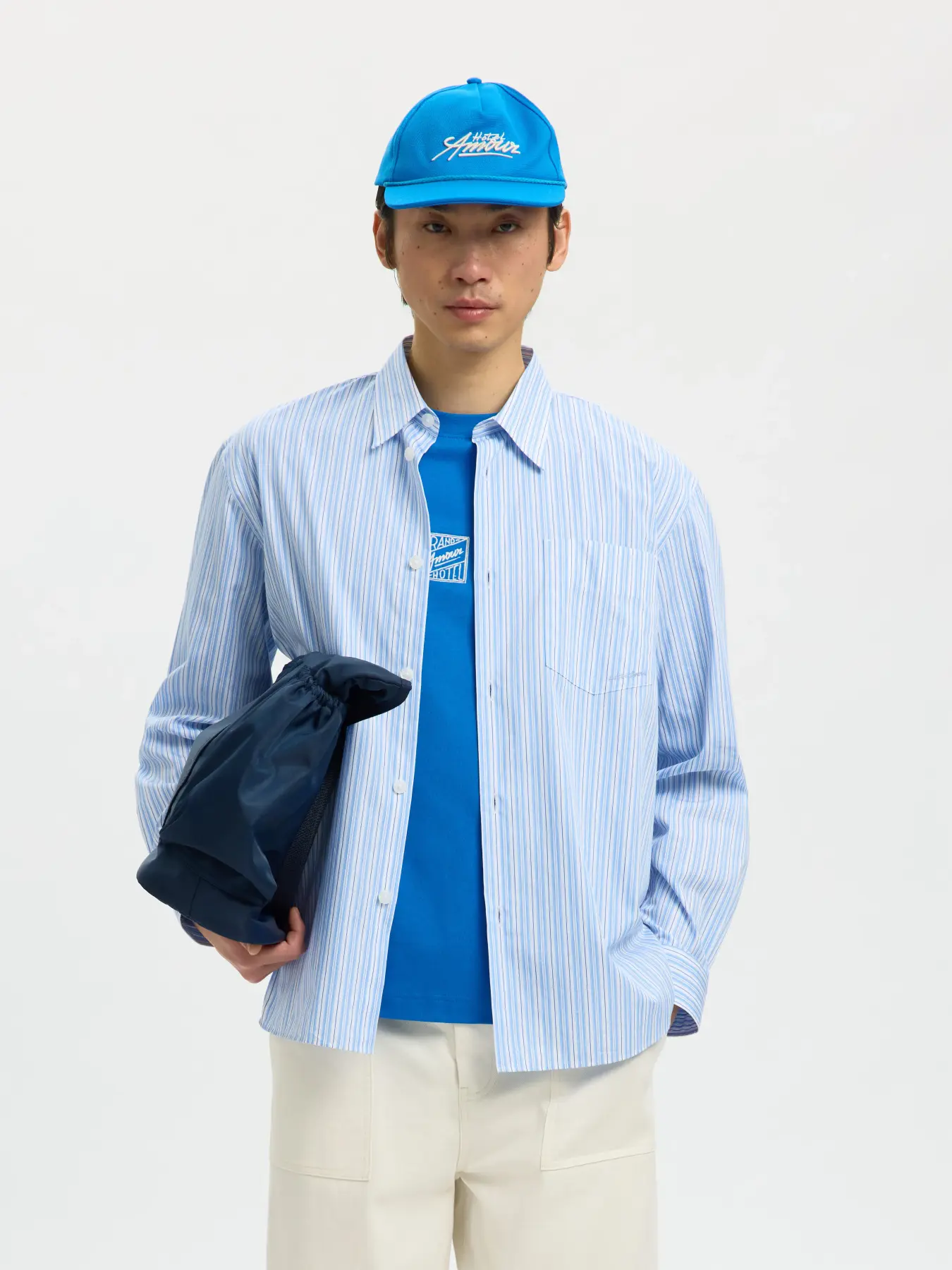 Selected miesten kauluspaita SLHRLXHOTEL Amour EMB LS Shirt, vaaleansininen