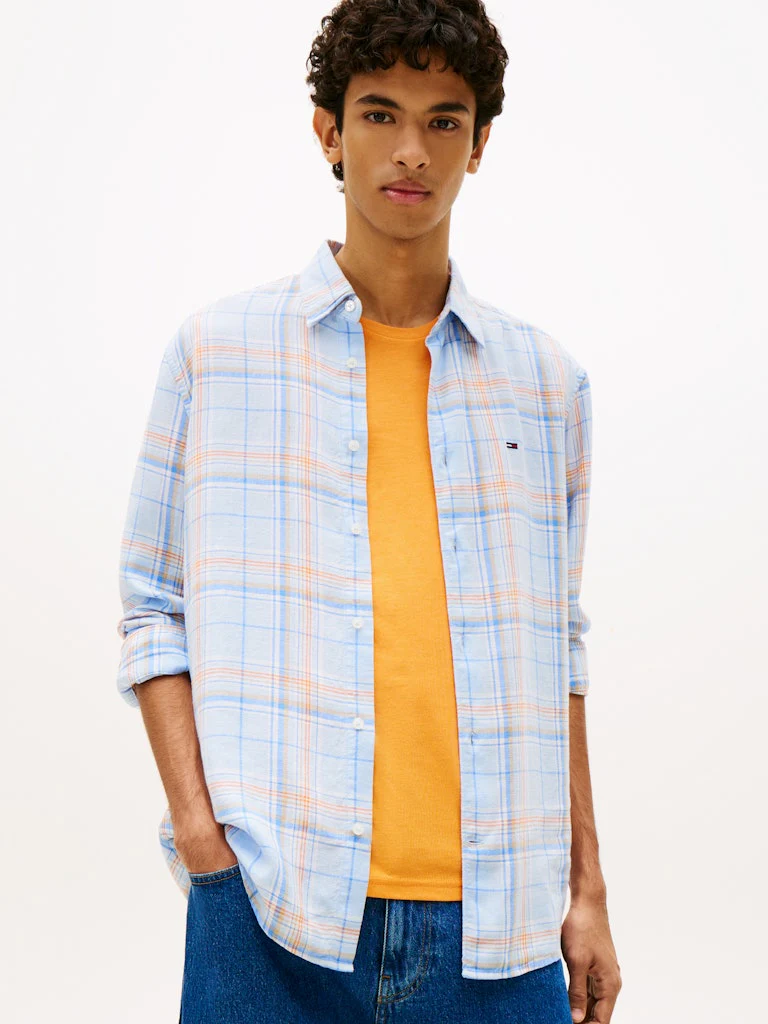 Tommy Jeans miesten kauluspaita Relaxed Fit Check Linen Blend Shirt, sininen kuosi