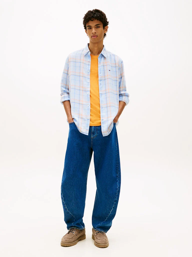 Tommy Jeans miesten kauluspaita Relaxed Fit Check Linen Blend Shirt, sininen kuosi - Image 3