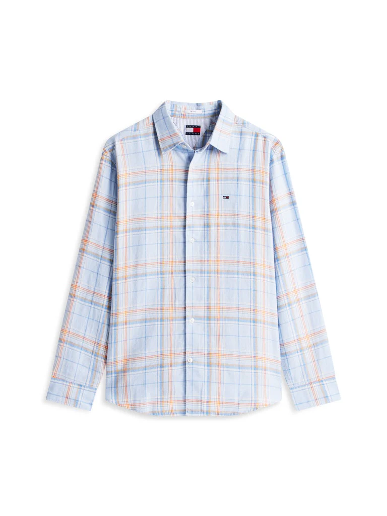 Tommy Jeans miesten kauluspaita Relaxed Fit Check Linen Blend Shirt, sininen kuosi - Image 5