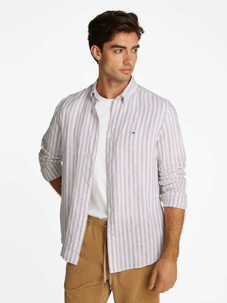 Tommy Hilfiger miesten kauluspaita, LINEN ESSENTIAL STRIPE RFSHIRT Raidallinen Ruskea