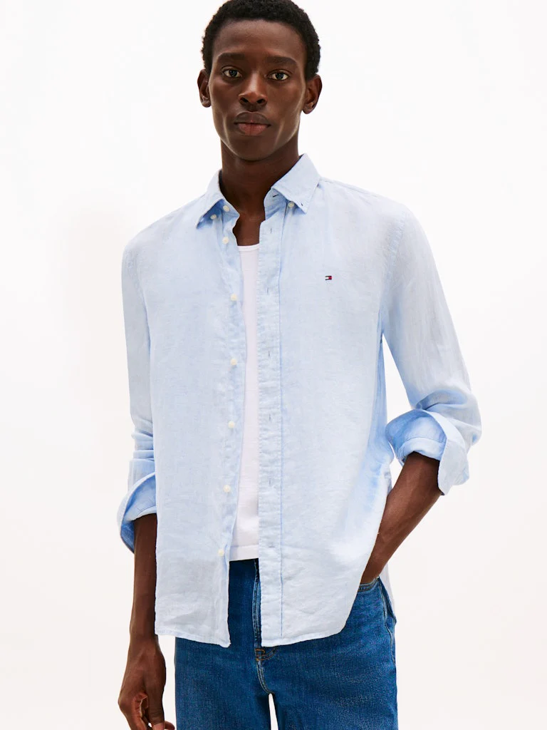 Tommy Hilfiger Miesten Kauluspaita, PIGMENT DYED LINEN SOLID Keskisininen