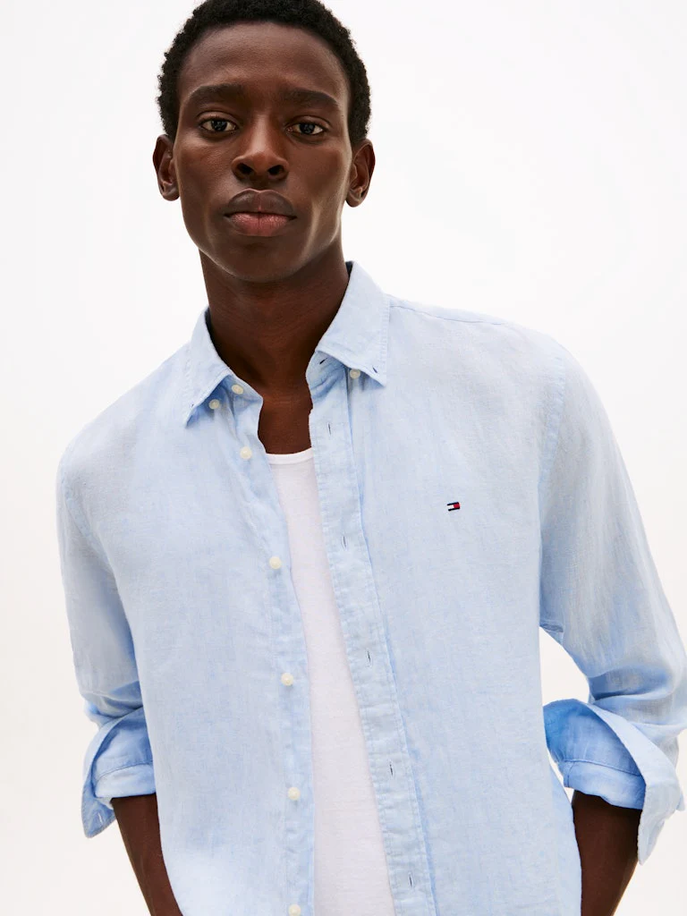 Tommy Hilfiger Miesten Kauluspaita, PIGMENT DYED LINEN SOLID Keskisininen - Image 6