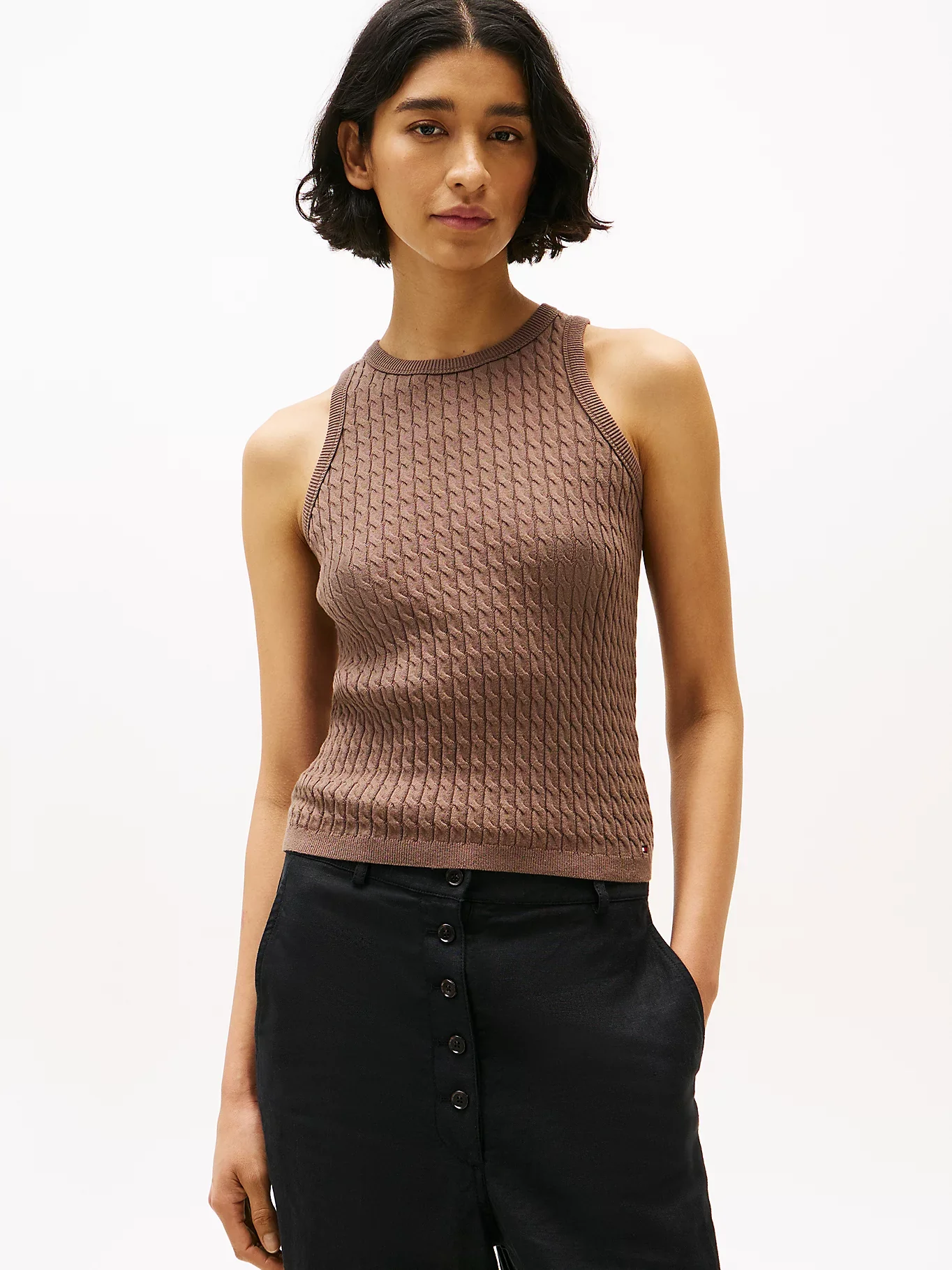 Tommy Hilfiger naisten hihaton neule, CO CABLE FINE SLIM SWEATER Tummanruskea