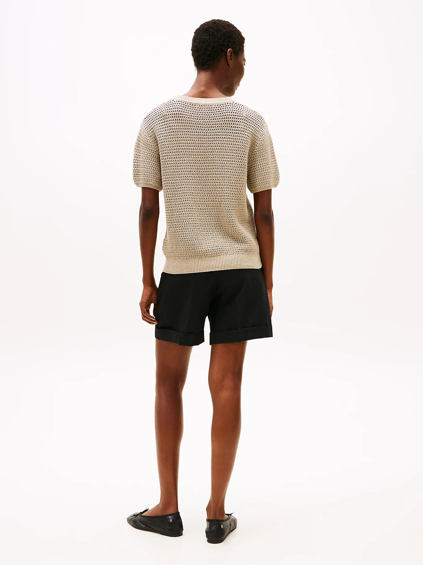 Tommy Hilfiger naisten lyhythihainen neulepusero, POINTELLE CROCHET SS C NECK SWEAT Vaalea Beige - Image 2