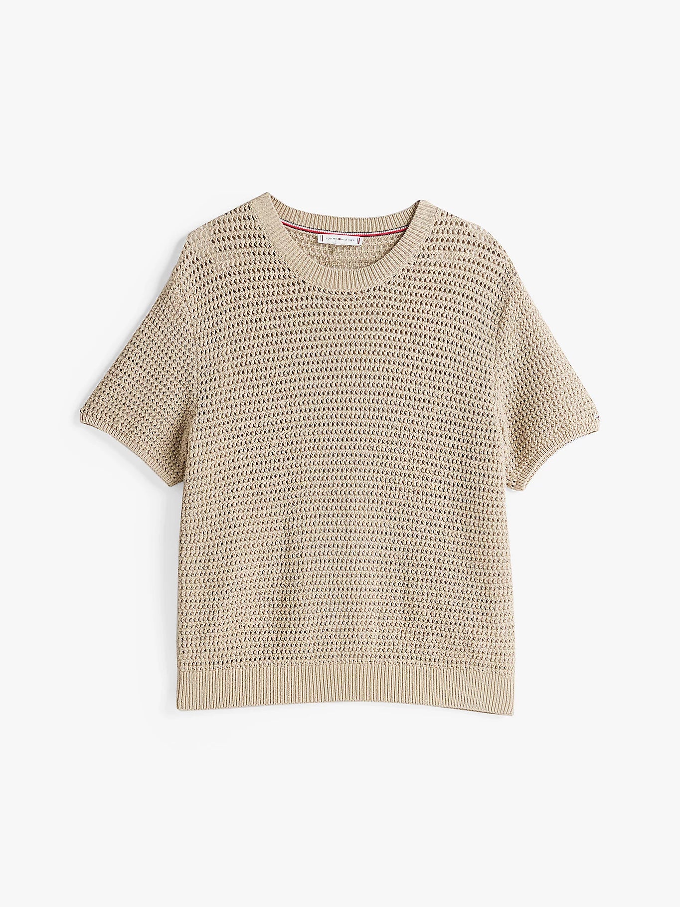 Tommy Hilfiger naisten lyhythihainen neulepusero, POINTELLE CROCHET SS C NECK SWEAT Vaalea Beige - Image 3