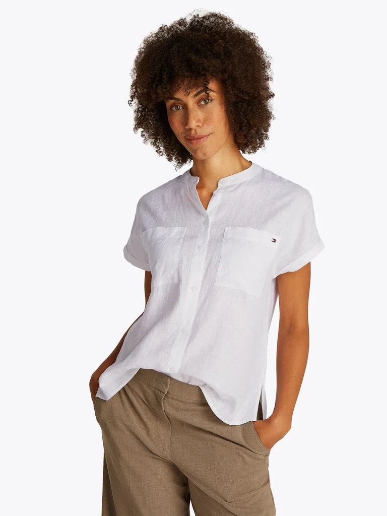 Tommy Hilfiger naisten lyhythihainen pellavapusero, ESS LINEN COLLARLESS SS BLOUSE Valkoinen