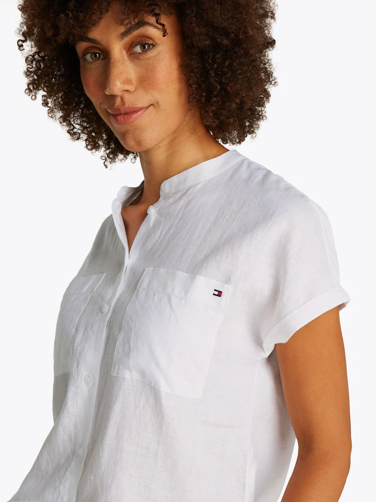 Tommy Hilfiger naisten lyhythihainen pellavapusero, ESS LINEN COLLARLESS SS BLOUSE Valkoinen - Image 3