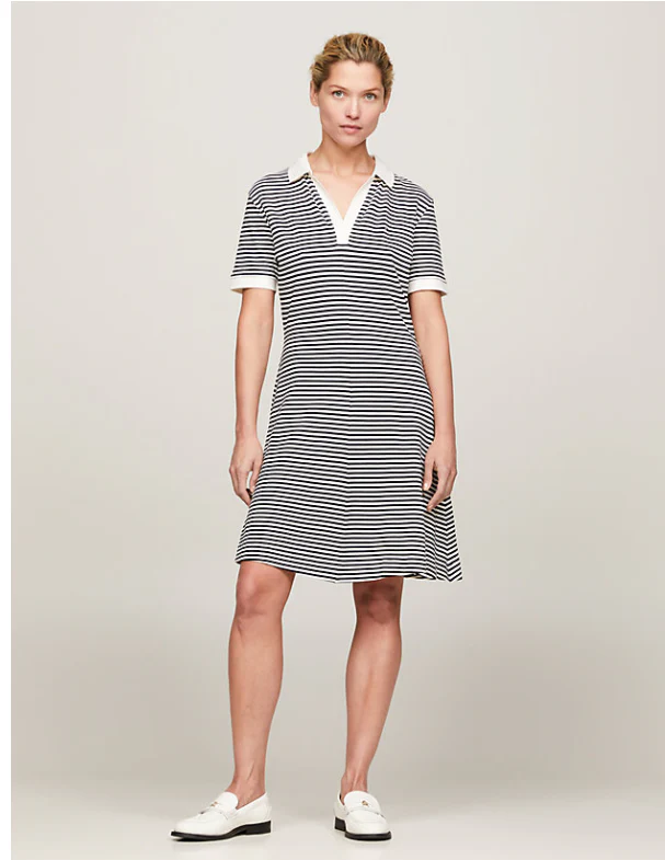Tommy Hilfiger Naisten Mekko, F&F OPEN PLCKT LYCLL POLO DRESS Raidallinen Valkoinen