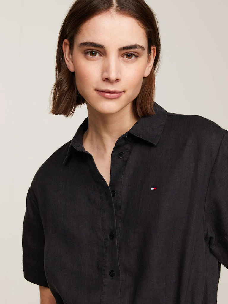 Tommy Hilfiger Naisten Mekko, LINEN SS MIDI SHIRT DRESS Musta - Image 3