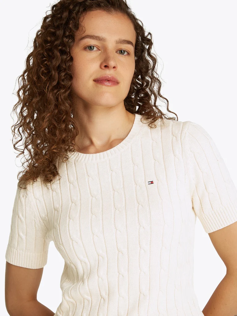 Tommy Hilfiger naisten neule, CO CABLE MID GG SS C-NK SWEAT Luonnonvalkoinen - Image 4