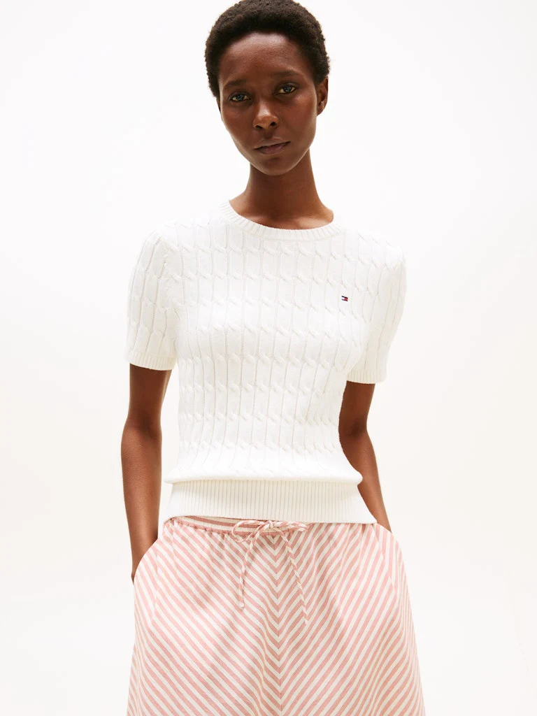 Tommy Hilfiger naisten neule, CO CABLE MID SS SWEATER Luonnonvalkoinen
