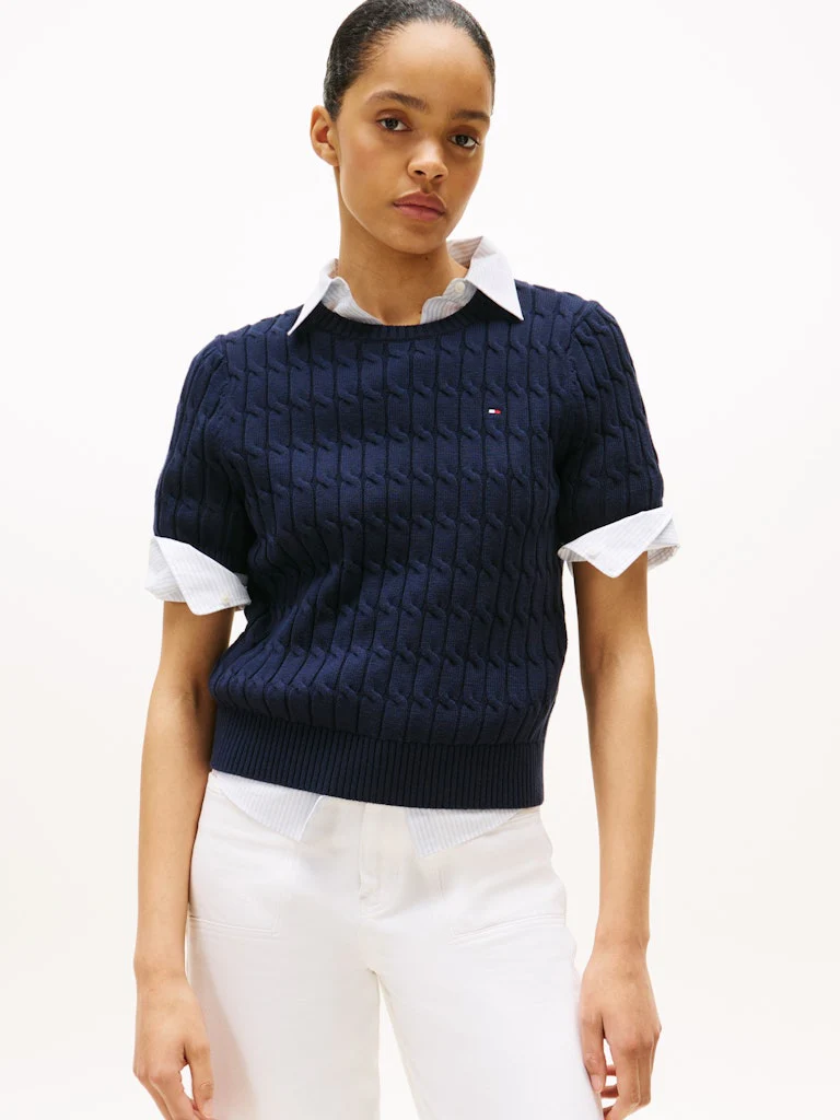 Tommy Hilfiger naisten neule, CO CABLE MID SS SWEATER Tummansininen