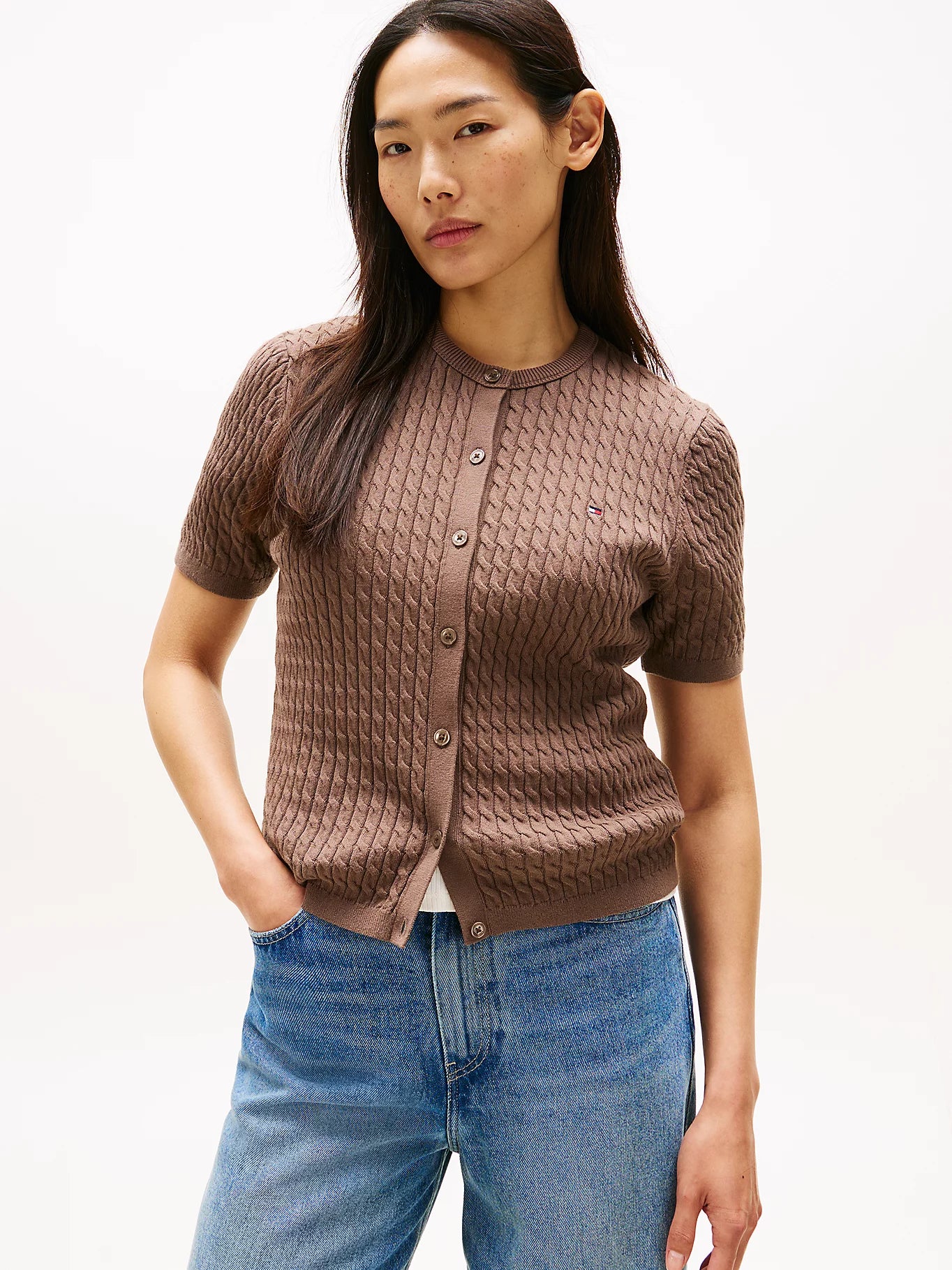 Tommy Hilfiger naisten neuletakki, CO CABLE FINE SS C-CARDIGAN Tummanruskea