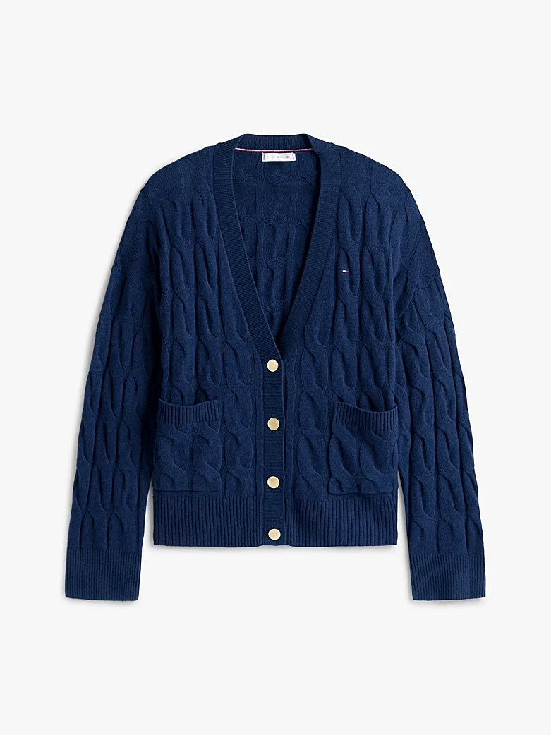 Tommy Hilfiger naisten neuletakki, SOFT WOOL CABLE V-NK LS CARDIGAN Tummansininen - Image 3