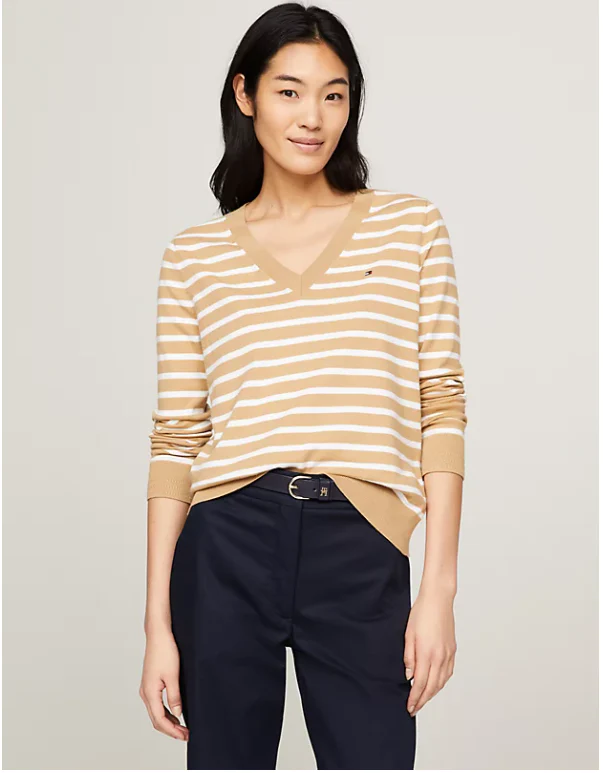 Tommy Hilfiger Naisten Paita, CO JERSEY STITCH V-NK SWEATER Raidallinen Beige