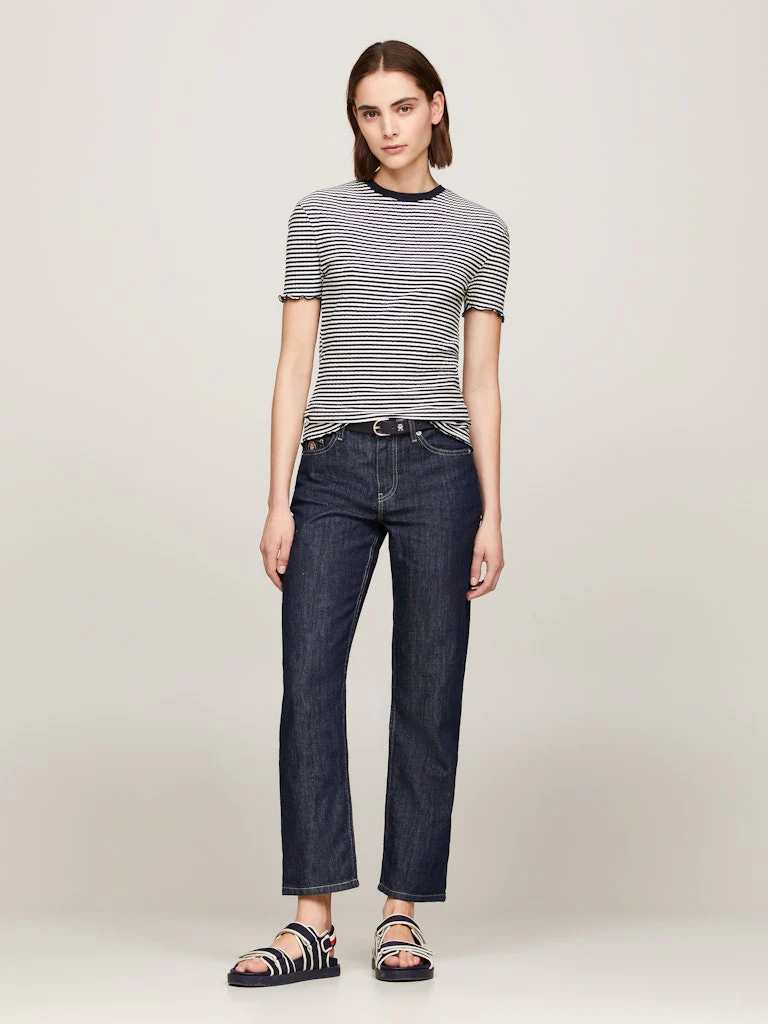 Tommy Hilfiger Naisten T-Paita, SLIM CTN MODAL RIB STP C NECK SS Raidallinen Sininen
