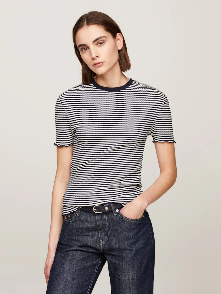 Tommy Hilfiger Naisten T-Paita, SLIM CTN MODAL RIB STP C NECK SS Raidallinen Sininen - Image 3