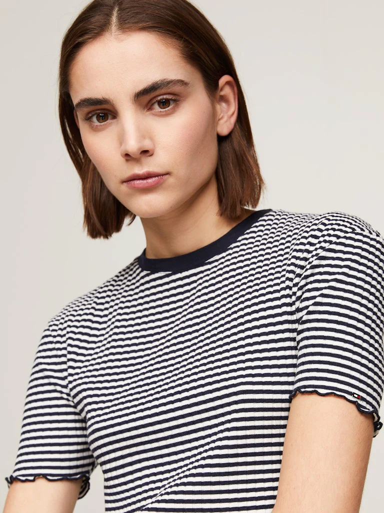 Tommy Hilfiger Naisten T-Paita, SLIM CTN MODAL RIB STP C NECK SS Raidallinen Sininen - Image 4