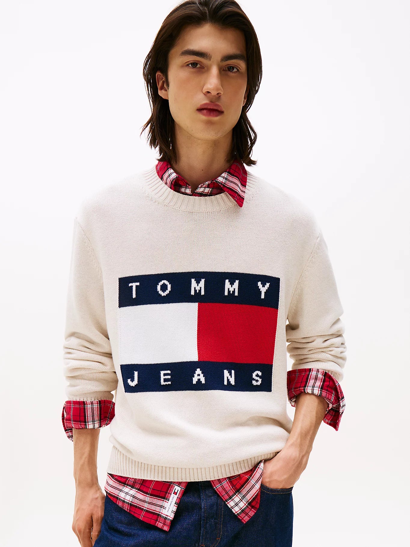 Tommy Jeans miesten neulepusero, TJM REG MELANGE FLAG SWEATER Beige