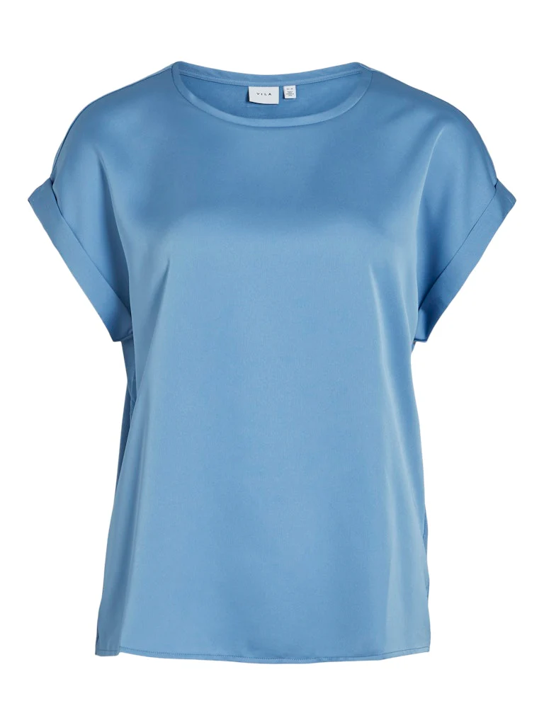Vila lyhythihainen toppi, VIELLETTE S/S SATIN TOP Blissful Blue - Image 3