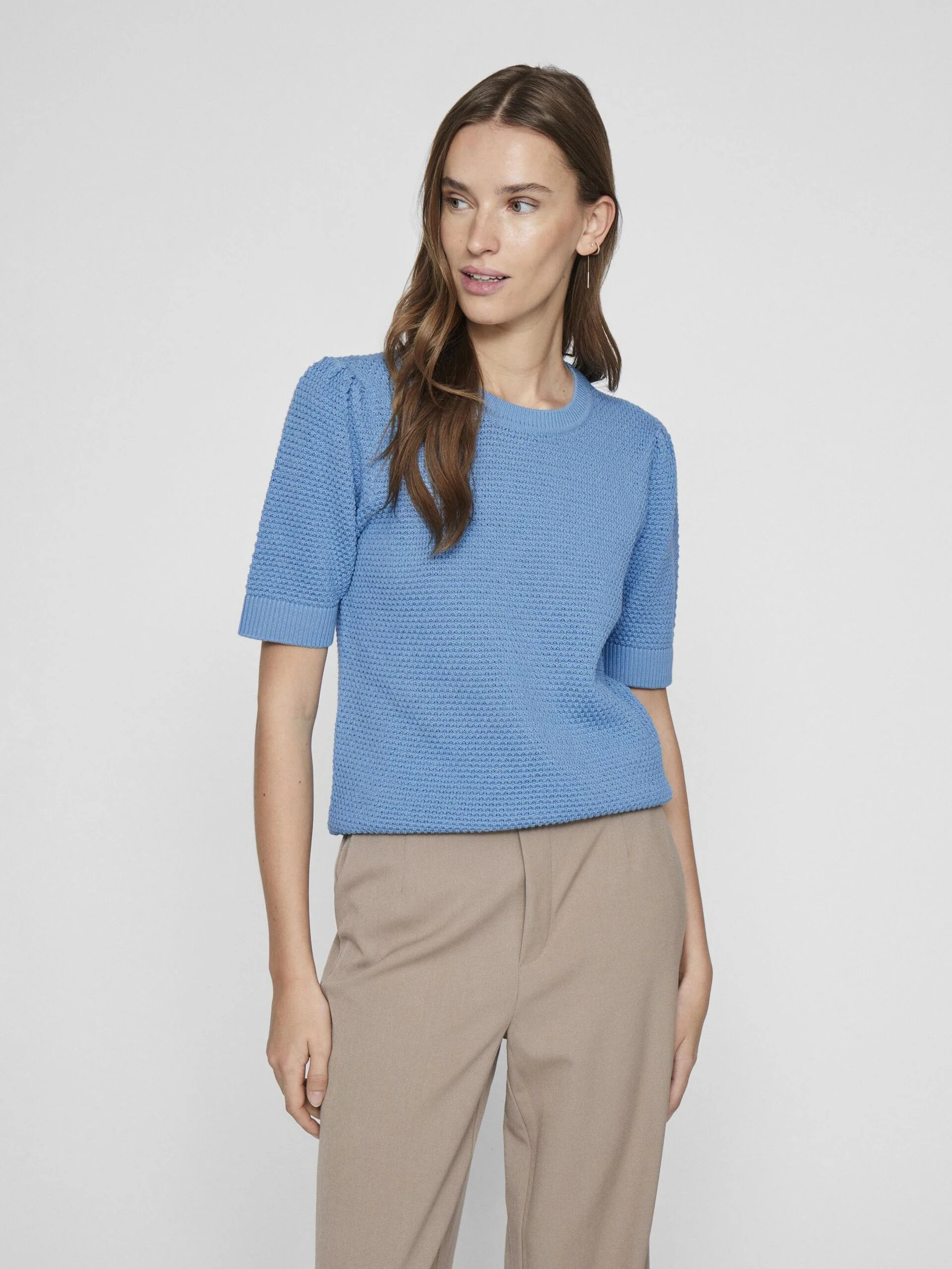 Vila naisten neulepusero, VIDALO O-NECK S/S KNIT TOP Vaaleansininen